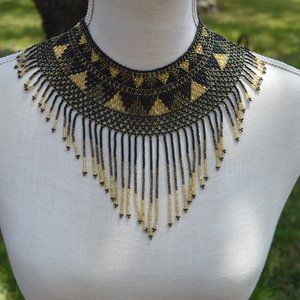 RARE Black & Gold Boho Fringe Seed Bead Necklace